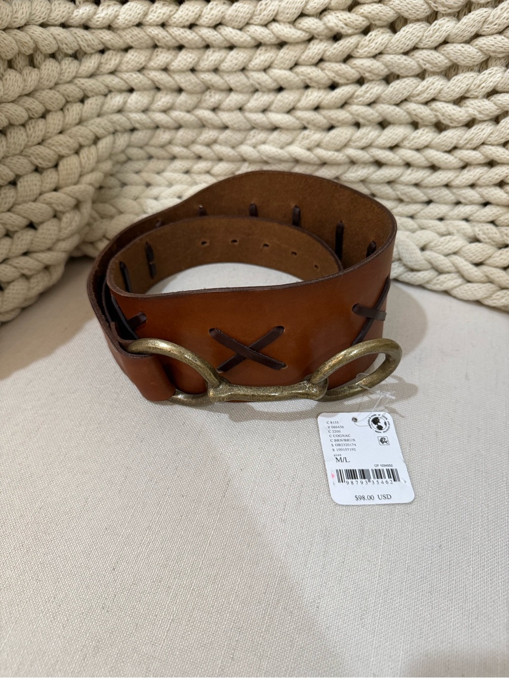 Free People Cognac Leather Waist Belt with Antique Brass Double Ring - Picture 3 of 5